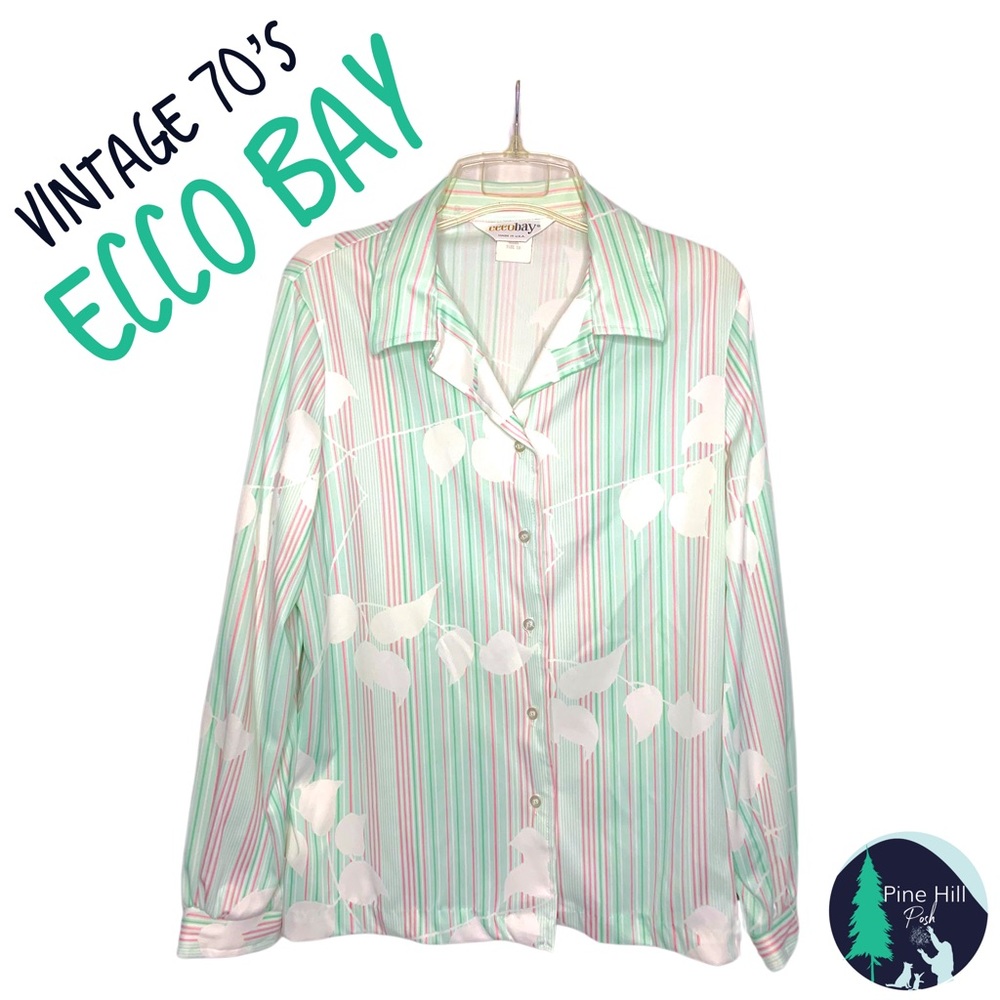 Vintage 70s Eccobay Shirt Large Pink Green Stripe Floral Button Up Disco Hippie